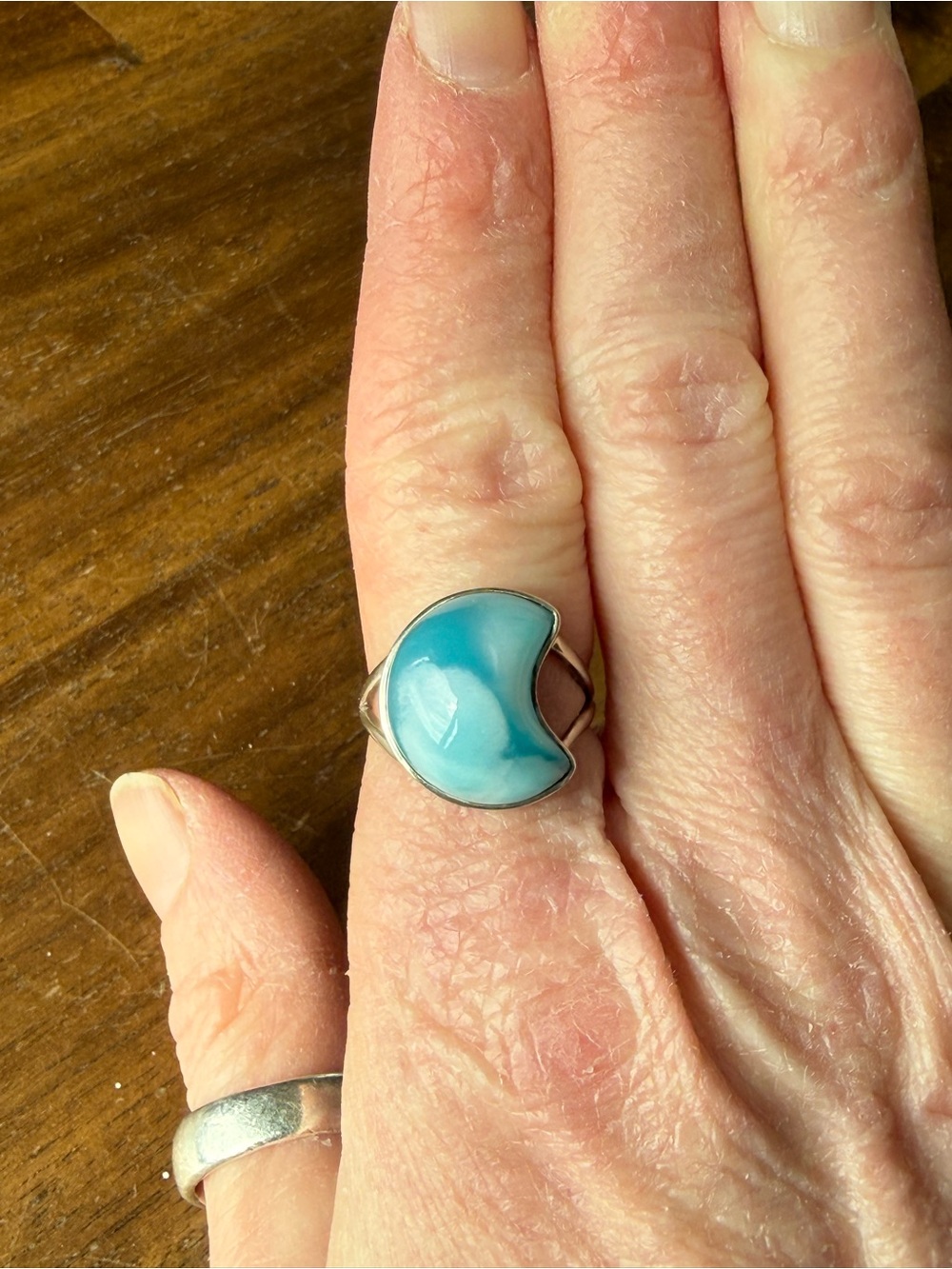 Artisan Larimar Crescent moon sterling silver ring